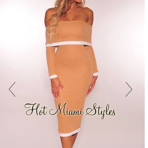 Mocha White Off Shoulder Ribbed Knit Sweater Dress